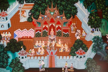 Freskó Butt Epharamban, Hua Hinben, Thaiföldön. Temia Jatka, más néven Muga-Paksha Jatka, Az egyik T Buddha Fórum élete.